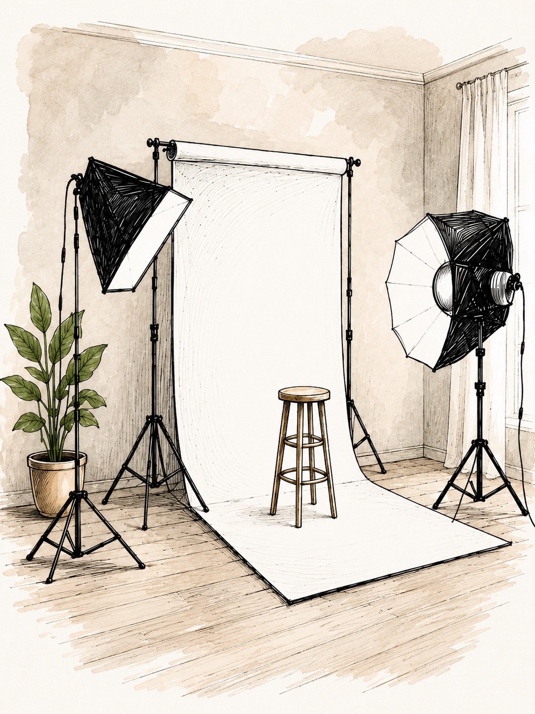 Sketch style иллюстрация фотосессии в светлом зале ROOM Jūrmala